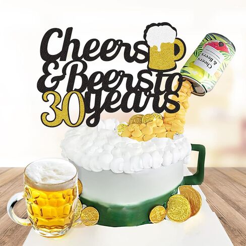 Cheers to 30 Years Cake Topper, Happy 30th Birthday Cake Topper, 30th Anniversary Thirty Birthday Party Supplies Black and Gold Glitter Decorations Double Sided in Saudi Arabia