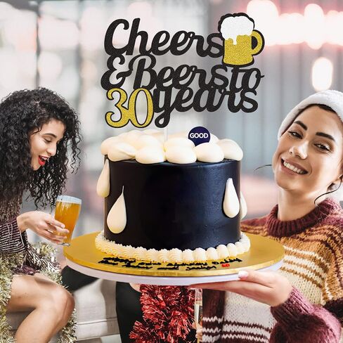 Cheers to 30 Years Cake Topper, Happy 30th Birthday Cake Topper, 30th Anniversary Thirty Birthday Party Supplies Black and Gold Glitter Decorations Double Sided in Saudi Arabia