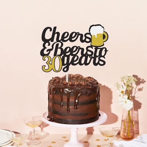 Cheers to 30 Years Cake Topper, Happy 30th Birthday Cake Topper, 30th Anniversary Thirty Birthday Party Supplies Black and Gold Glitter Decorations Double Sided in Saudi Arabia