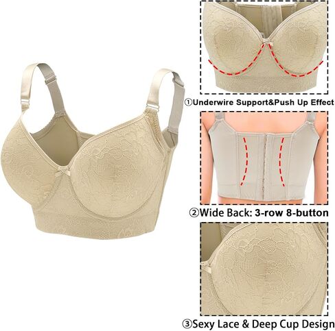 Plus Size Push Up Bras for Women, Back Fat Smoothing Bra Lace Underwire Full Coverage Padded Bras with Support in Saudi Arabia