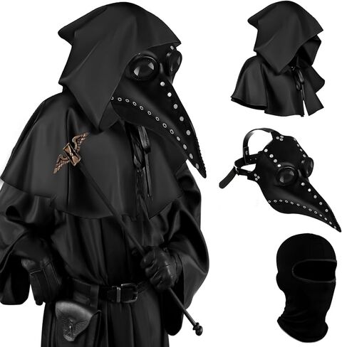 زي طبيب الطاعون 4 في 1 - قناع طبيب الطاعون وعباءة منقار الأنف الطويل للهالوين، أقنعة جلدية باللون الأسود الفاتح in Kuwait