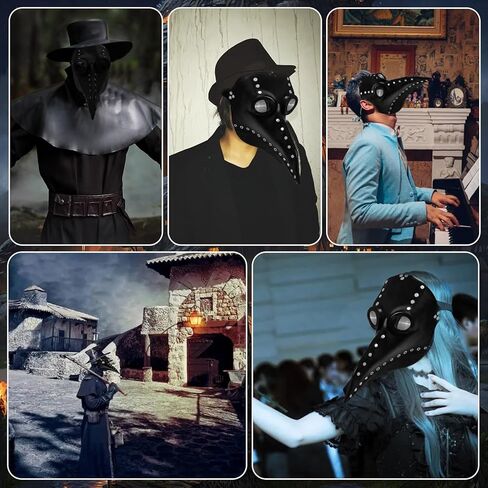 زي طبيب الطاعون 4 في 1 - قناع طبيب الطاعون وعباءة منقار الأنف الطويل للهالوين، أقنعة جلدية باللون الأسود الفاتح in Kuwait