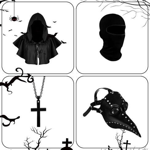 زي طبيب الطاعون 4 في 1 - قناع طبيب الطاعون وعباءة منقار الأنف الطويل للهالوين، أقنعة جلدية باللون الأسود الفاتح in Kuwait