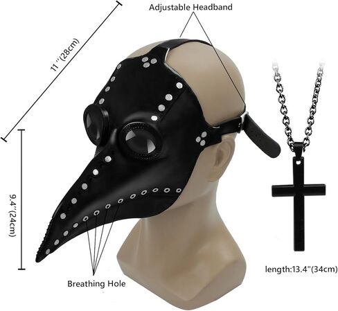 زي طبيب الطاعون 4 في 1 - قناع طبيب الطاعون وعباءة منقار الأنف الطويل للهالوين، أقنعة جلدية باللون الأسود الفاتح in Kuwait