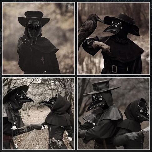 زي طبيب الطاعون 4 في 1 - قناع طبيب الطاعون وعباءة منقار الأنف الطويل للهالوين، أقنعة جلدية باللون الأسود الفاتح in Kuwait