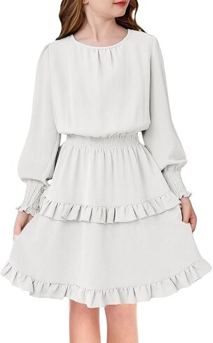 Arshiner Girls Long Sleeve Dress Boho Tiered Ruffle Hem Elegant Smocked Waist Midi Dress in Kuwait