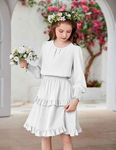 Arshiner Girls Long Sleeve Dress Boho Tiered Ruffle Hem Elegant Smocked Waist Midi Dress in Kuwait