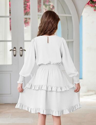 Arshiner Girls Long Sleeve Dress Boho Tiered Ruffle Hem Elegant Smocked Waist Midi Dress in Kuwait