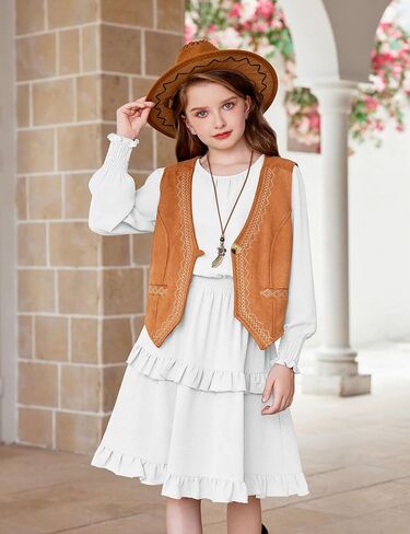 Arshiner Girls Long Sleeve Dress Boho Tiered Ruffle Hem Elegant Smocked Waist Midi Dress in Kuwait
