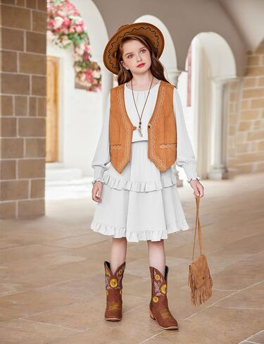 Arshiner Girls Long Sleeve Dress Boho Tiered Ruffle Hem Elegant Smocked Waist Midi Dress in Kuwait