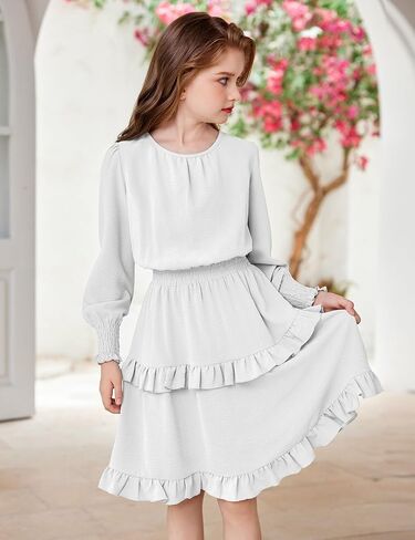 Arshiner Girls Long Sleeve Dress Boho Tiered Ruffle Hem Elegant Smocked Waist Midi Dress in Kuwait