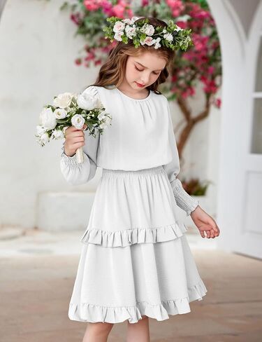 Arshiner Girls Long Sleeve Dress Boho Tiered Ruffle Hem Elegant Smocked Waist Midi Dress in Kuwait