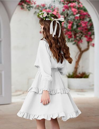 Arshiner Girls Long Sleeve Dress Boho Tiered Ruffle Hem Elegant Smocked Waist Midi Dress in Kuwait