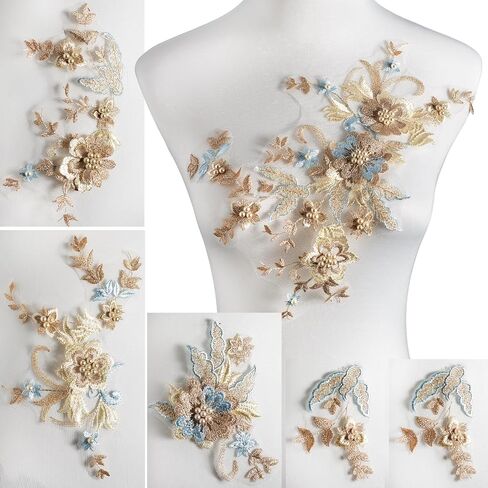 6 PCS Flower Fabric Beaded Pearl Lace Applique, 3D Embroidered Patch for Dresses,Handmade Sewing Tool for DIY Neckline Bodice Pants(Gold-6) in Kuwait