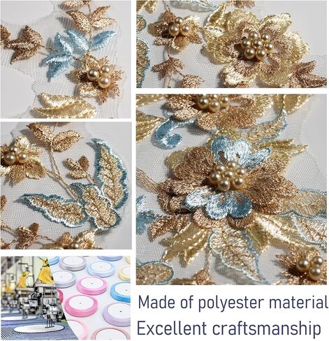 6 PCS Flower Fabric Beaded Pearl Lace Applique, 3D Embroidered Patch for Dresses,Handmade Sewing Tool for DIY Neckline Bodice Pants(Gold-6) in Kuwait