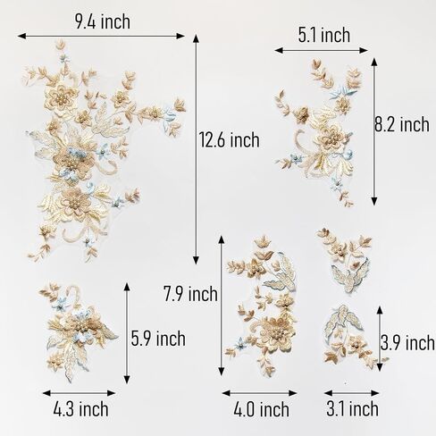6 PCS Flower Fabric Beaded Pearl Lace Applique, 3D Embroidered Patch for Dresses,Handmade Sewing Tool for DIY Neckline Bodice Pants(Gold-6) in Kuwait