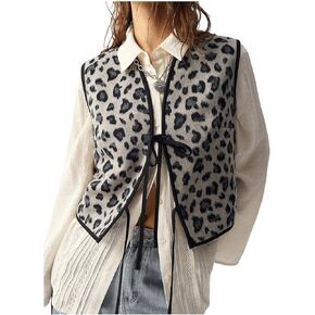 MakeMeChic Women's Leopard Print Tie Front Vest Sleeveless Crop Y2K Jacket Outerwear