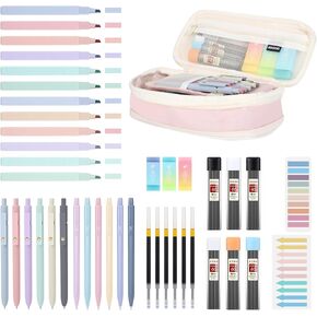 42PCS Aesthetic School Supplies with Large Pencil Case, 12 Pastel Highlighters,6 Black Ink Gel Pens,6 Cute Mechanical Pencils Set 0.5 & 0.7 mm for Students Stationary College Essentials(Pink)