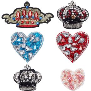 6pcs Crown Beaded Patch 6 Styles Rhinestone Heart Patches for Clothes Sew on Pearl Heart Embroidered Patch Sparkling Crystal Heart Appliques for DIY Jeans Jackets Shirt Handbag Shoes