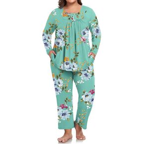 POPYOUNG Womens Pajama Plus Size Button Down Sets Lounge Outfits Long Sleeve Nightwear 2 Piece Pjs with Pockets