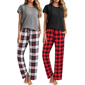 Ekouaer 2 Pack Womens Pajama Sets Short Sleeve Sleepwear Top and Pants 4 Piece Pjs Lounge Sets with Pockets