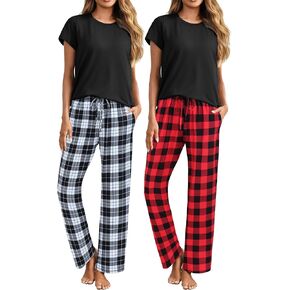 Ekouaer 2 Pack Womens Pajama Sets Short Sleeve Sleepwear Top and Pants 4 Piece Pjs Lounge Sets with Pockets