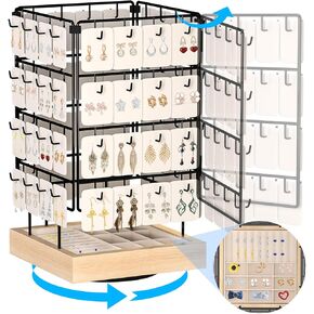 AO LI GEI Rotating Earring Display Stands for Selling,Earring Jewelry Holder Organizer with Ring Tray/Necklace,64 Hooks Jewelry Rack with Wooden Base for Vendors Earring Card Sales (Black)