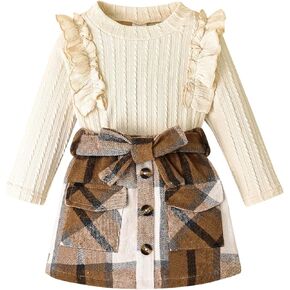 Toddler Girl Fall Winter Clothes Cute Ruffled knitted Shirt Tops Plaid Pleated Mini Skirt Belt 3 Piece Outfit 2-6T