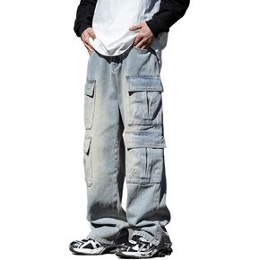 Baggy Cargo Jeans Men Teen Boys Casual Loose Jeans Flap Pockets Y2k Denim Pants 90s Hip Hop Streetwear