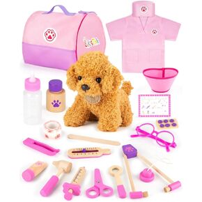 Wooden Doctor Kit for Toddlers 3-5, Pretend Play Toys Veterinarian Kit for Kids Vet Play Set with Dog Carrier, Toddler Doctor Play Set Medical Toys Gift for Kids Ages 3+