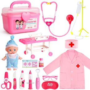 Doctor Kits for Toddlers Aged 3,4,5,6, Pretend Play Doctor Set for Toddler with Baby Doll,17 PCS Pink Role Play Medical Toys for Girls Boys,Doctor Play Gift for Kids Toddlers