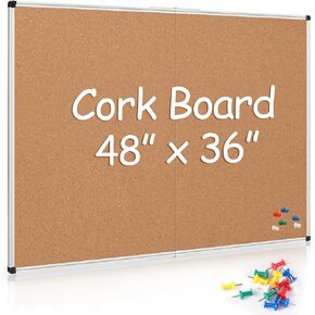 Board2by Large Cork Board Bulletin Board 48 x 36, Silver Aluminium Framed 4x3 Corkboard, Office Board for Wall Cork, Wall Mounted Notice Pin Board with 15 Push Pins for School, Home & Office