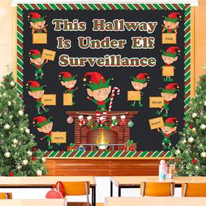 Faccito 70 Pcs Christmas Bulletin Board Decorations Set Xmas Elf Cutouts with Red and Green Stripe Borders Trim Classroom Decor for Toddler Kids Students Home Class School Supplies