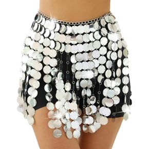 Crystal Tassel Body Chain Silver Sequin Wrap Skirt Dance Fringe Bikini Sparkly Waist Chain Belt Nightclub Jewelry Accessories for Women