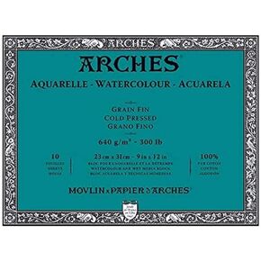 ARCHES Aquarelle – Block of 10 Sheets 23 x 31 cm Glued on 4 Sides – 640 g/m² – Satin Grain, Natural White, 4 Free Edges