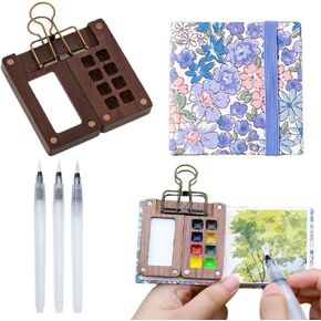 Portable Sketchbook Palette Set 8 Grids Mini Wood Travel Paint Palette Paint Box for Watercolor Gouache Acrylic Painting Come with Watercolor Paper Journal, Watercolor Brush Pens and a Clip