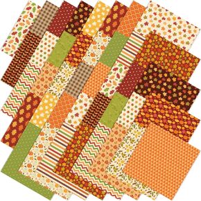 40Pcs Fall Cotton Fabric Bundles 10 x 10 Inch Maple Leaf Pumpkin Dot Plaid Stripe Fat Quarters Autumn Thanksgiving Sewing Fabrics for DIY Craft Party Decor