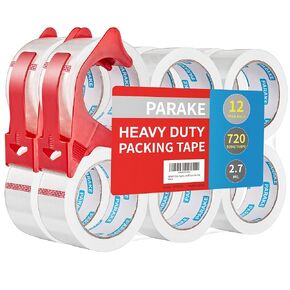12 Rolls Clear Packing Tape with Dispenser, 1.88In x 60 Yards Heavy Duty Packaging Tape Refills for Shipping Packaging Mailing Moving, 2.7mil Thick, 720 Total Yards