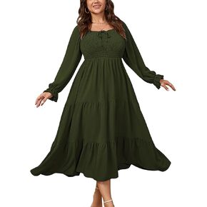 Womens Plus Size Flowy Maxi Dress Long Sleeve Square Neck Smocked A Line Formal Long Dresses for Women Wedding Guest