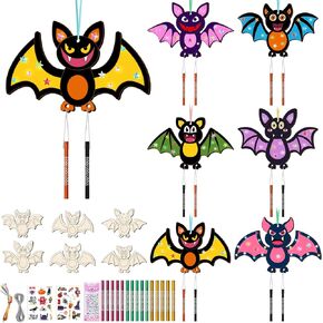 TREACLUB 12 Pack Wind Chime Kits for Kids, Make Your Own Halloween Bat Wind Chime DIY Coloring Paint Spooky Halloween Wooden Arts and Crafts Birthday Party Favor for Girls Boys