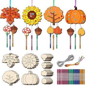 12 Pack Wind Chime Kits for Kids, DIY Autumn Make Your Own Fall Wind Chime DIY Coloring Paint Fall Wooden Arts and Crafts Birthday Party Favor for Girls Boys