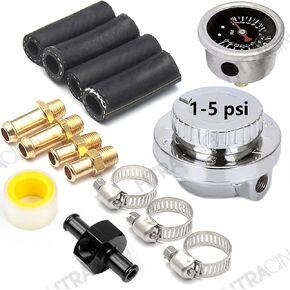 1-5 PSI Fuel Pressure Regulator with Gauge Adjustable Manual Universal for Carburetor Carb Zinc Alloy FPR with 8MM 10MM (5/16" 3/8") Hose Fittings
