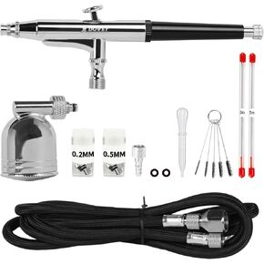 XDOVET Dual Action Airbrush Kit with 0.35/0.5/0.8mm Needle 7ml/10ml Paint Cup Side Pot and Oil-Water Separator - Ideal for Tattoos Makeup Nails Models - Complete Airbrush Kit