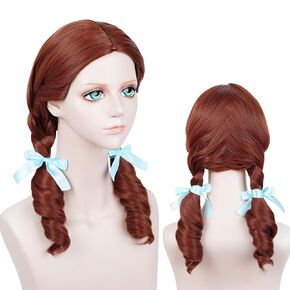 Probeauty Brown Braided Wig for Women, Long Reddish Cosplay Wigs for Halloween Costume Dress Party with Blue Ribbon 19.6 Inch