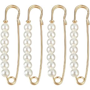 4Pcs Faux Pearl Brooch Pins - Decorative Heavy Duty Safety Pins with Pearl Embellishment for Girls Pants Extender (Gold)