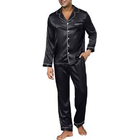 IFFEI Men's Silk Pajama Set Button Down Long Sleeve Shirts and Pants 2 Piece Matching Pjs Set with Pockets