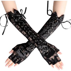 Geyoga Black Long Lace Fingerless Gloves Women Long Elbow Gloves Punk Flower Pattern Ribbon Gloves Arm Warmer for Bridal Wedding Tea Party Halloween Dance Prom Costume Accessories