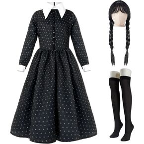 Spooktacular Creations Girls Halloween Black Costume, Black Floral Print Dress with Wig and Stocks for Kids Halloween Dress