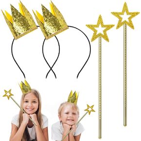 Gold Star Wand and Crown, Gold Crowns Hats Angel Princess Fairy Costume for Wedding Party Cosplay Birthday Halloween Dress up Accessories