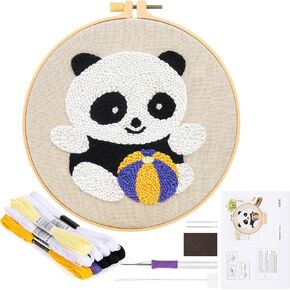 JSRQT Panda Theme Punch Needle Embroidery Starter Kits,Rug Hooking Embroidery Beginner Kit for Kids and Adults Beginner, Punch Needle Tool Set with Fabric, Sewing Needles, Yarns and Hoops